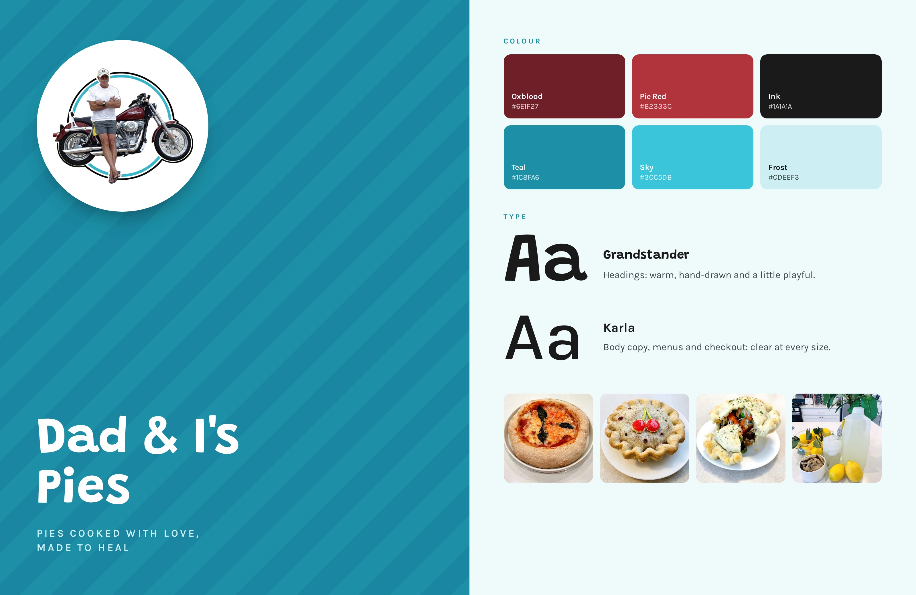 Brand sheet: the motorcycle logo, a colour palette of oxblood, pie red, ink, teal, sky and frost, and the Grandstander and Karla typefaces