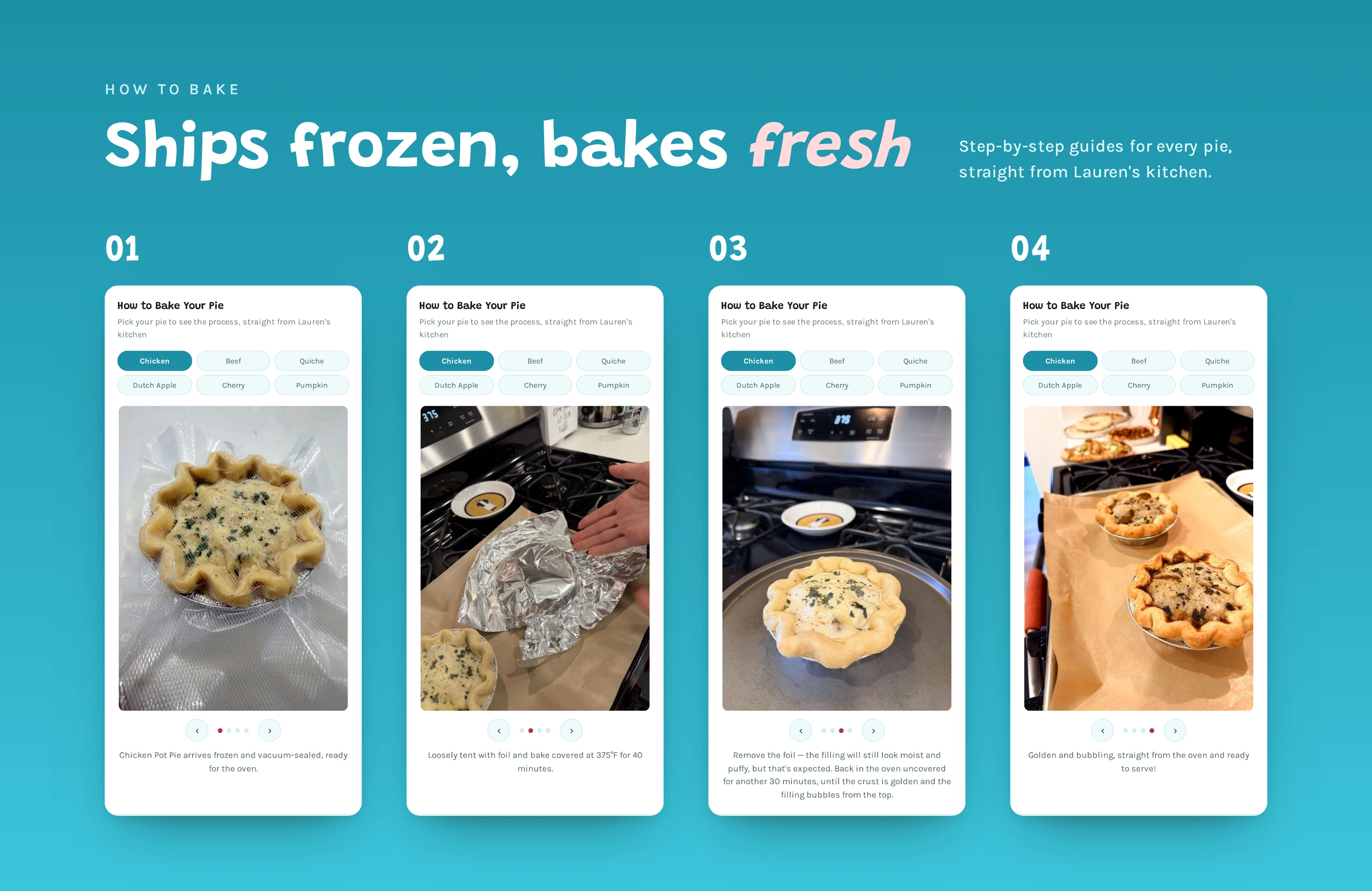The four numbered steps of the bake guide for a chicken pot pie, under the line "Ships frozen, bakes fresh", on the brand's teal