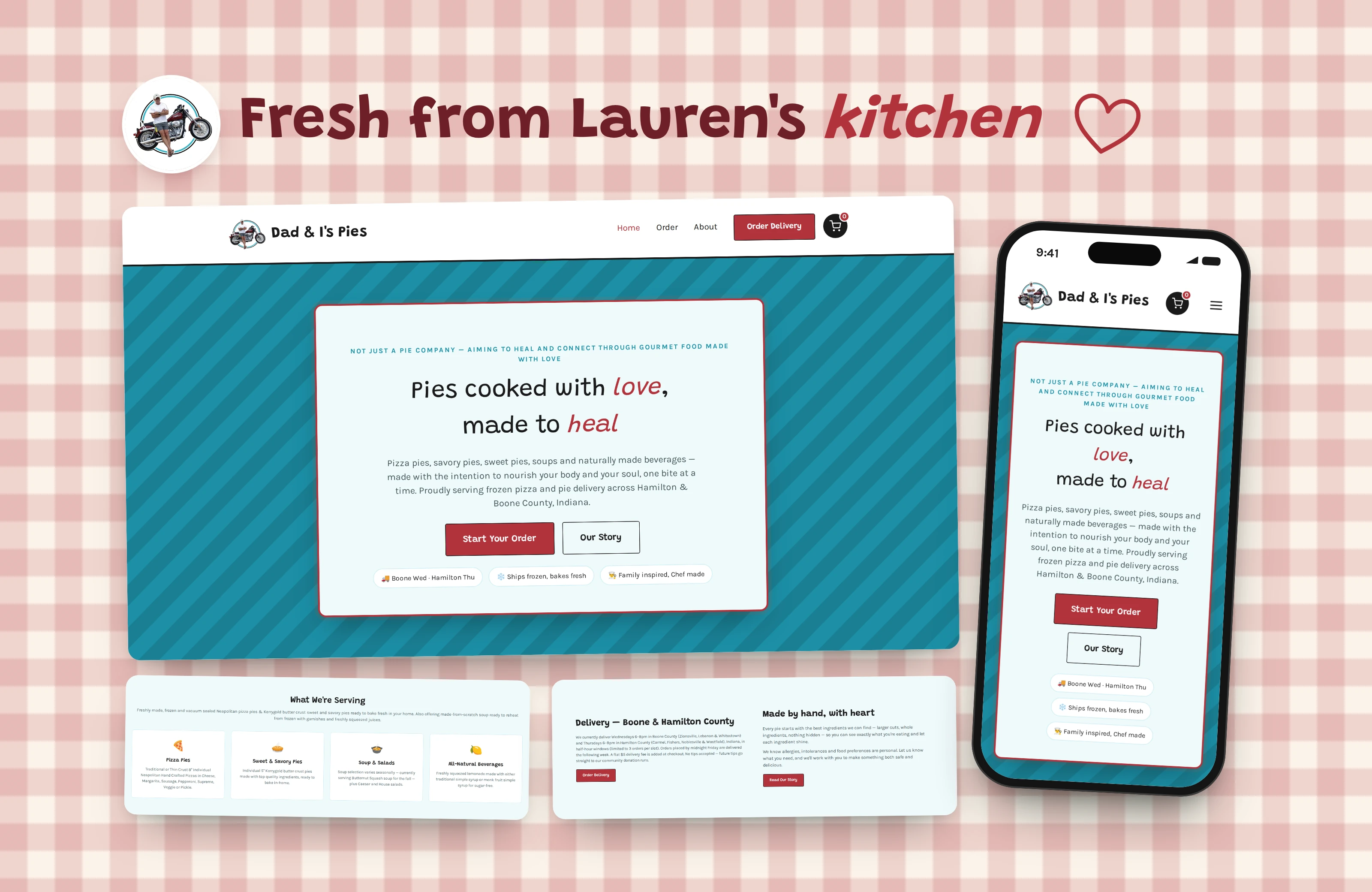 Sections of the home page on desktop: the hero, what's on the menu and delivery details, with the home page on a phone