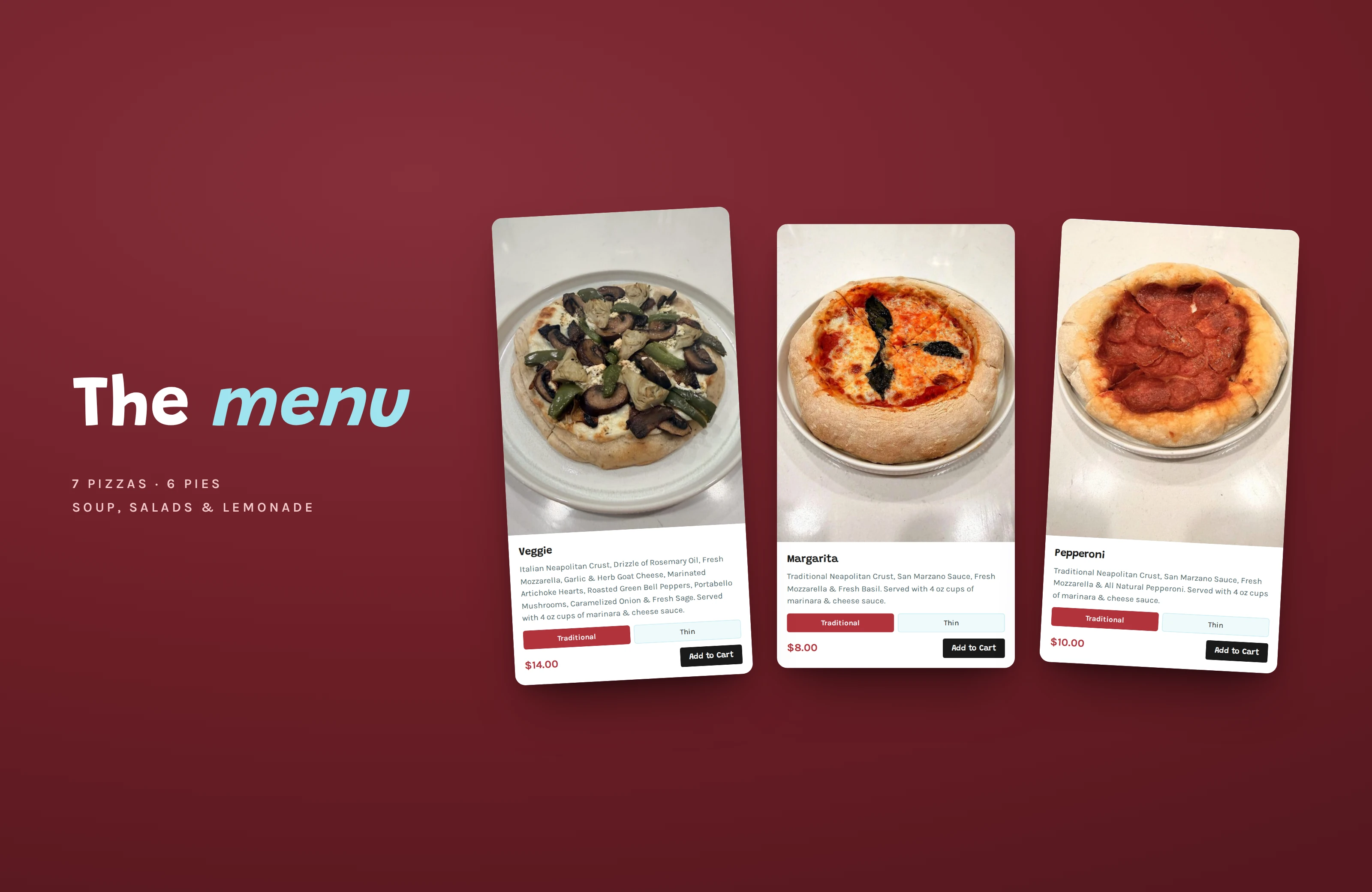 Veggie, Margarita and Pepperoni menu cards on an oxblood background