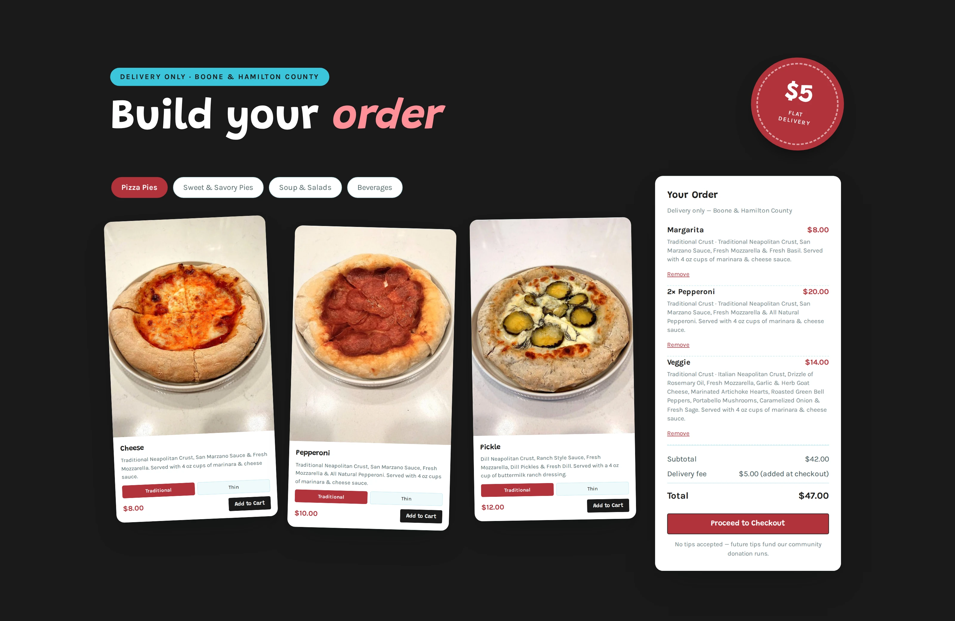 The order page on the brand's ink: the "Build your order" heading, a $5 flat delivery sticker, the food category tabs, three pizza cards and the cart