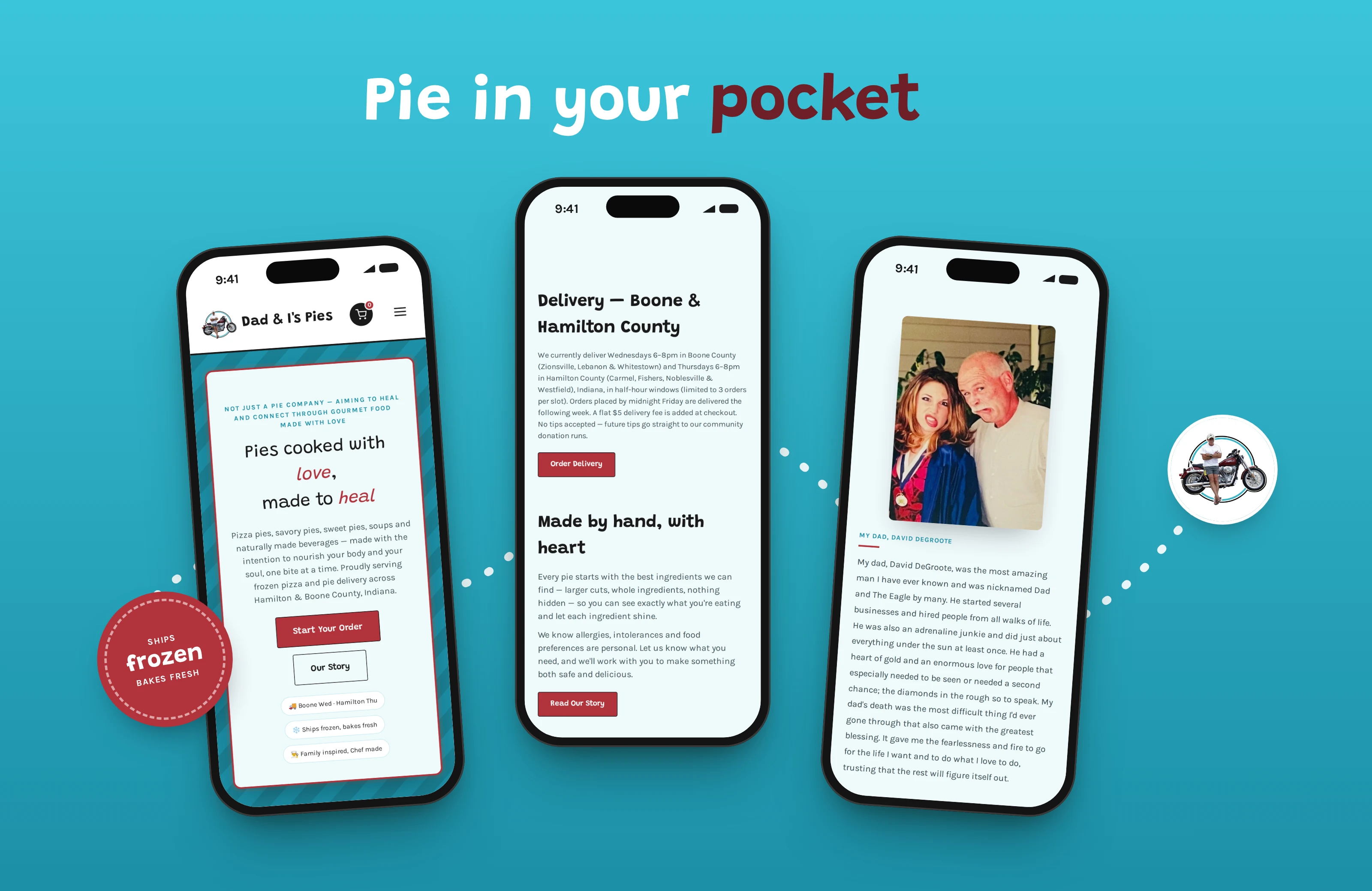 Three phones showing the home page, the delivery details and the story of Lauren and her dad