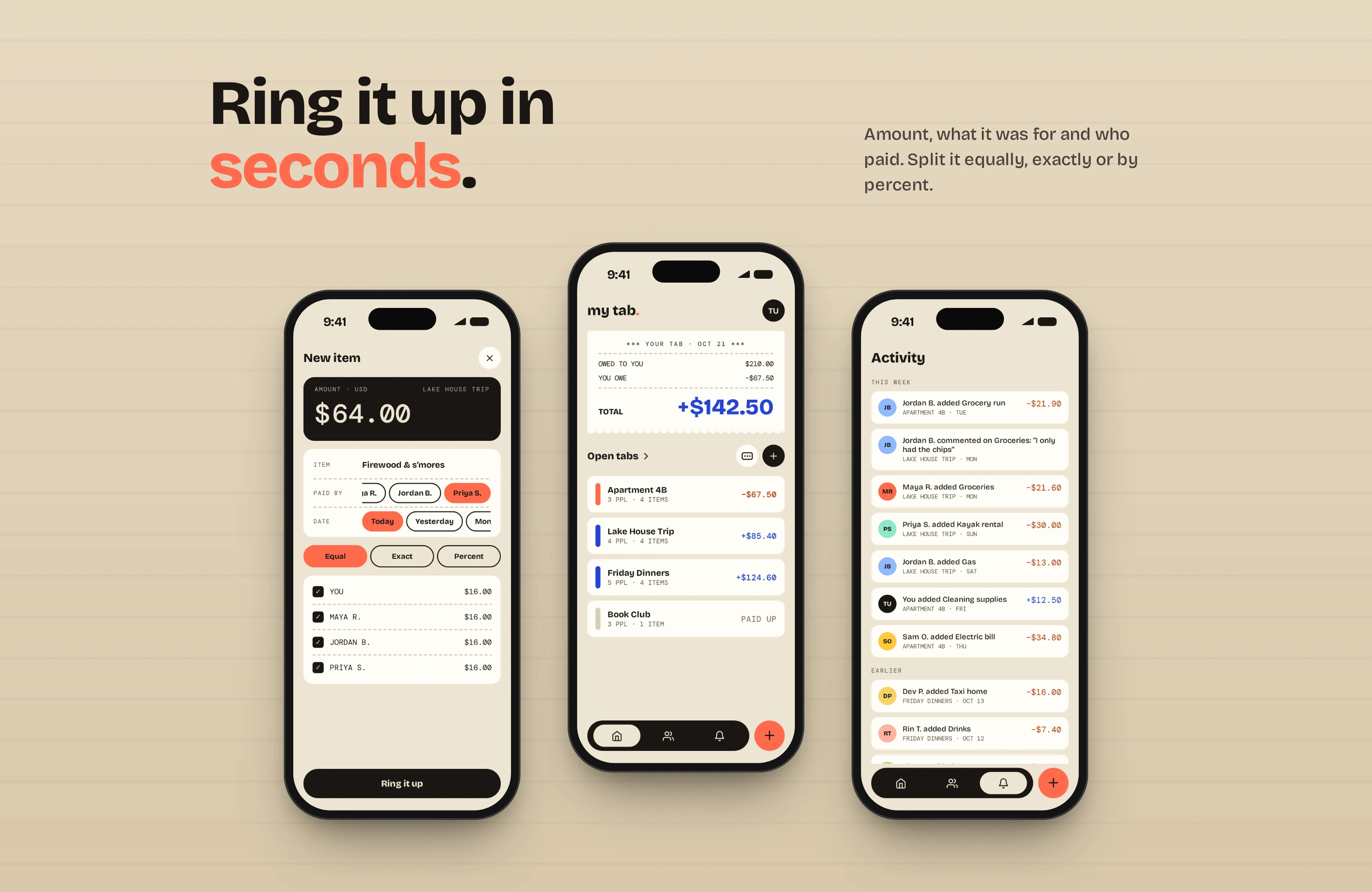 Three phones on kraft paper: adding a $64 item split four ways, the home screen with what you're owed, and the activity feed, under the line "Ring it up in seconds"