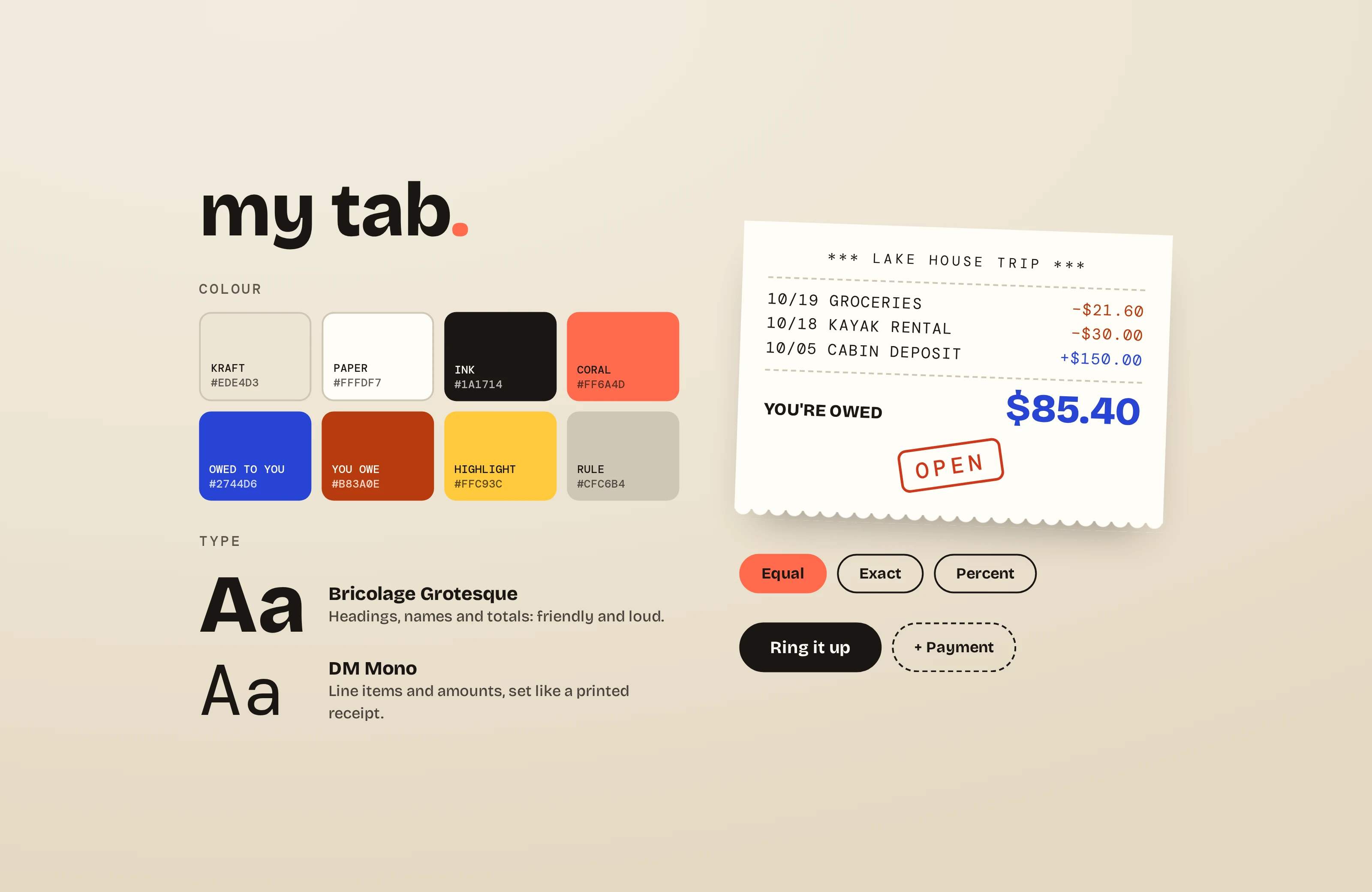 The My Tab design kit: kraft, paper, ink, coral and blue colours, Bricolage Grotesque and DM Mono type, a receipt card with an OPEN stamp, and buttons