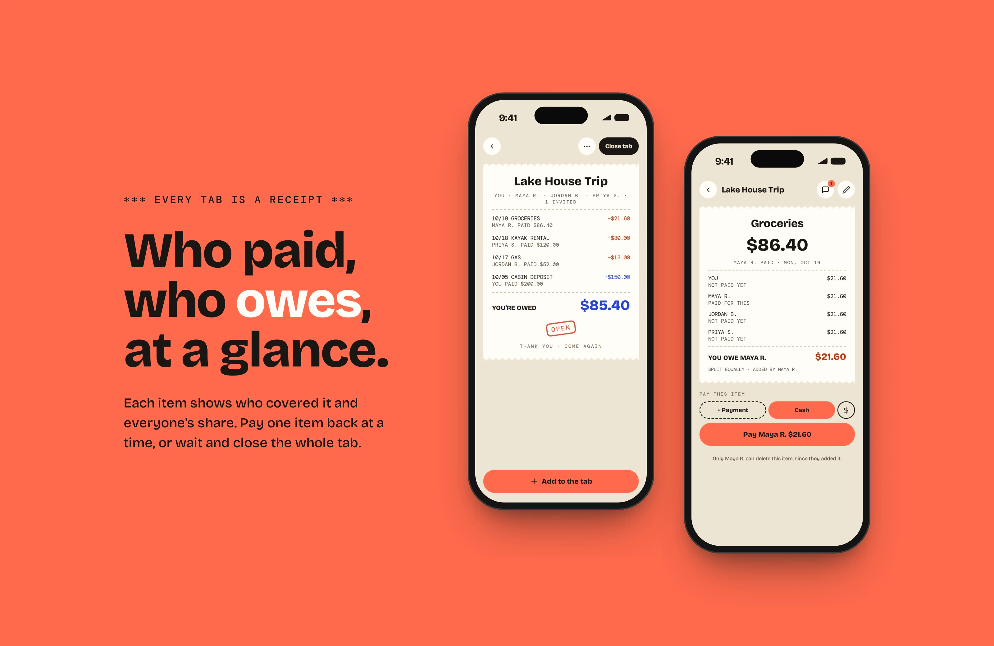 A tab for a lake house trip printed like a receipt, next to the Groceries item showing who paid and each person's share, on coral, under the line "Who paid, who owes, at a glance"
