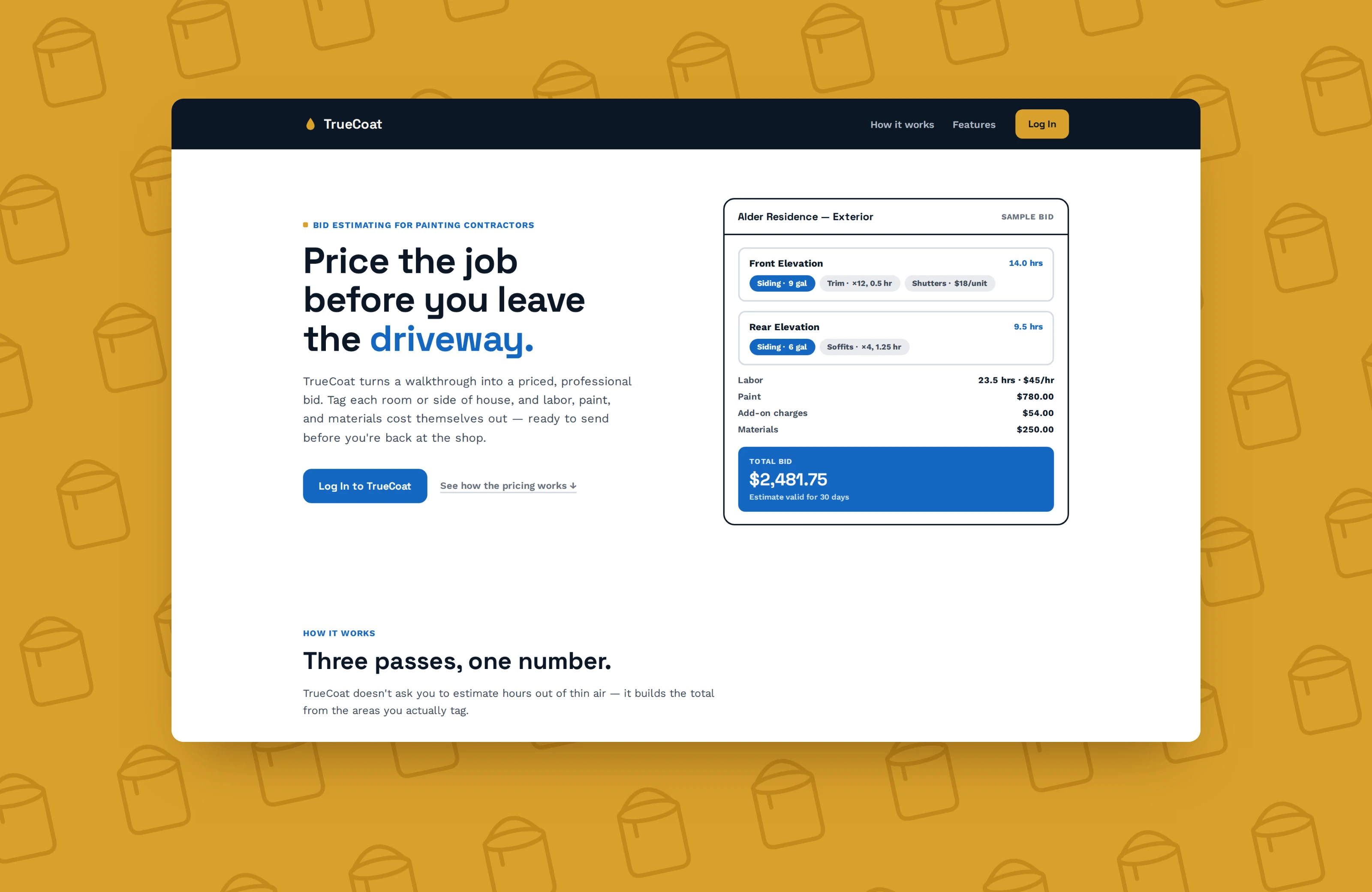 The TrueCoat marketing site on gold, over a pattern of simple paint can outlines