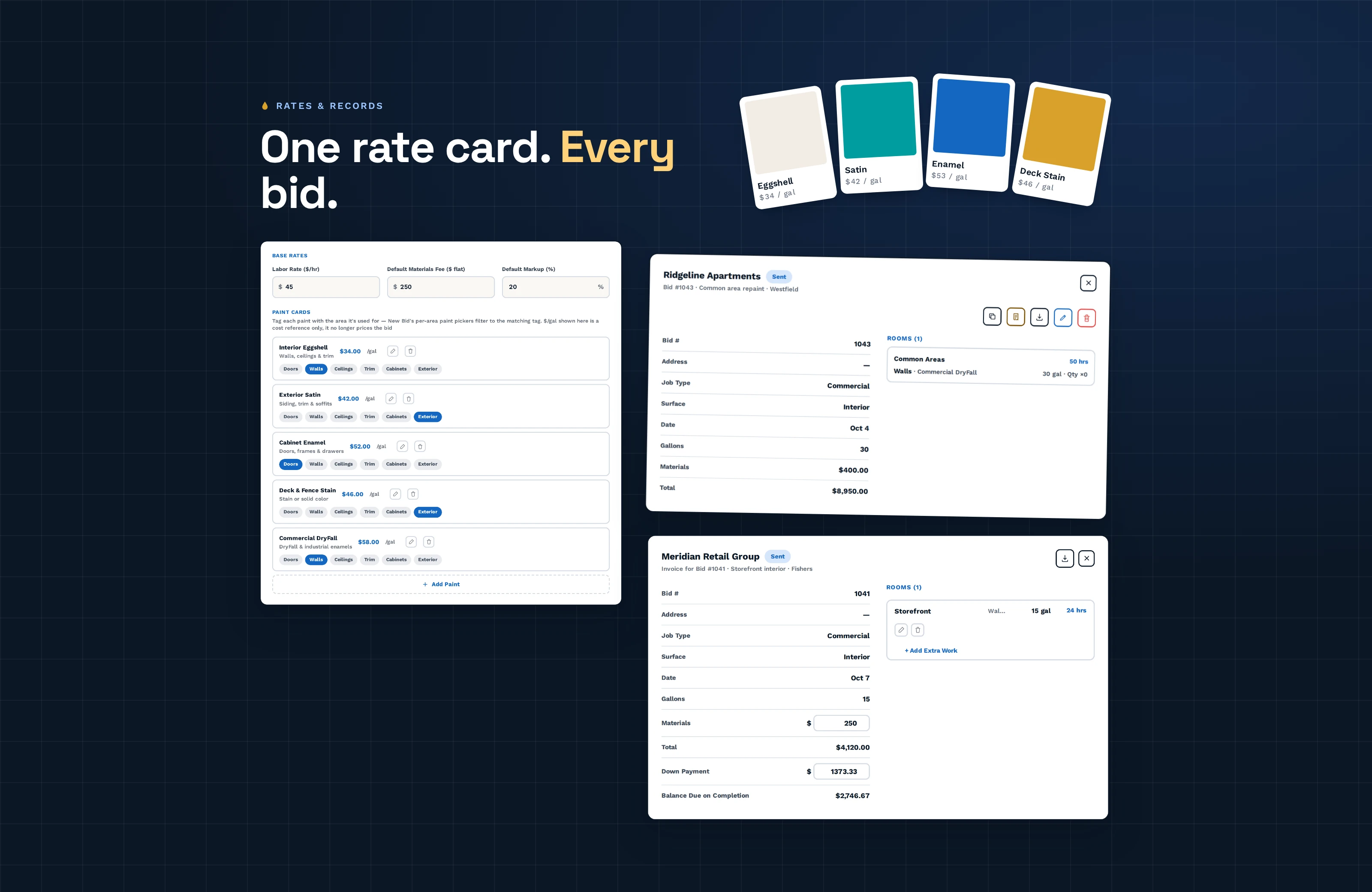 The Rates page with base rates and paint cards, next to a saved bid's details and an invoice with its down payment and balance due